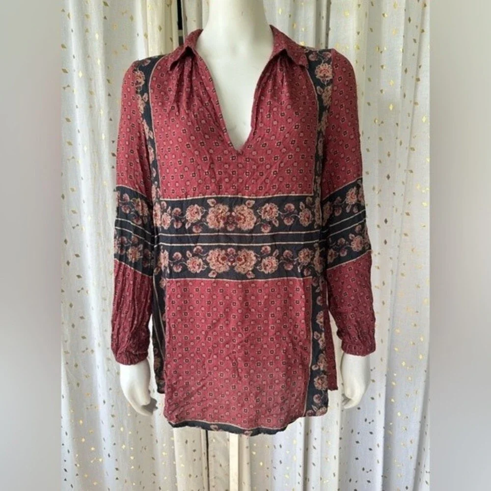 Free People Floral Dobby Changing Times Tunic Brick Combo Blouse Shirt Size XS